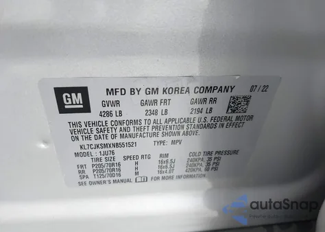 2022 Chevrolet Trax Fwd Ls z USA, uszkodzony, nr VIN KL7CJKSMXNB551521